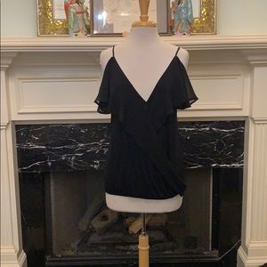 Classic Arden B blk knit and chiffon crossover top